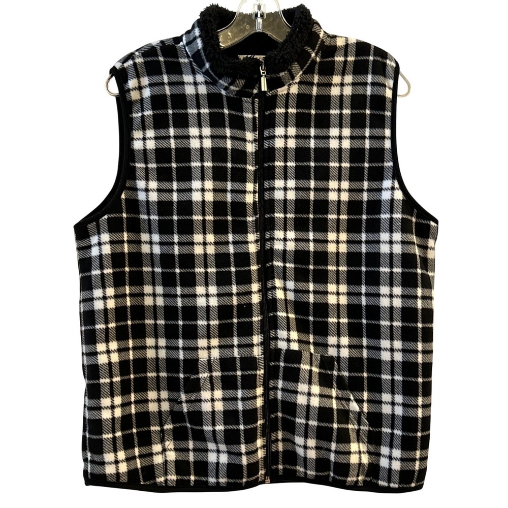 Hasting & Smith Womens Plaid Fleece Vest Black White Sherpa‎ Collar Zip Up M